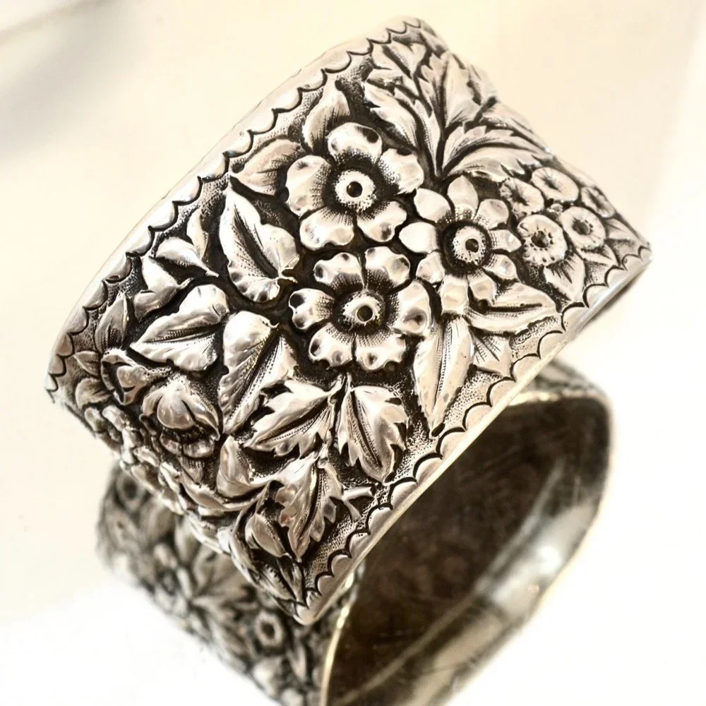 Art Nouveau Sterling Silver Floral Cuff Bracelet - Picture 8 of 12